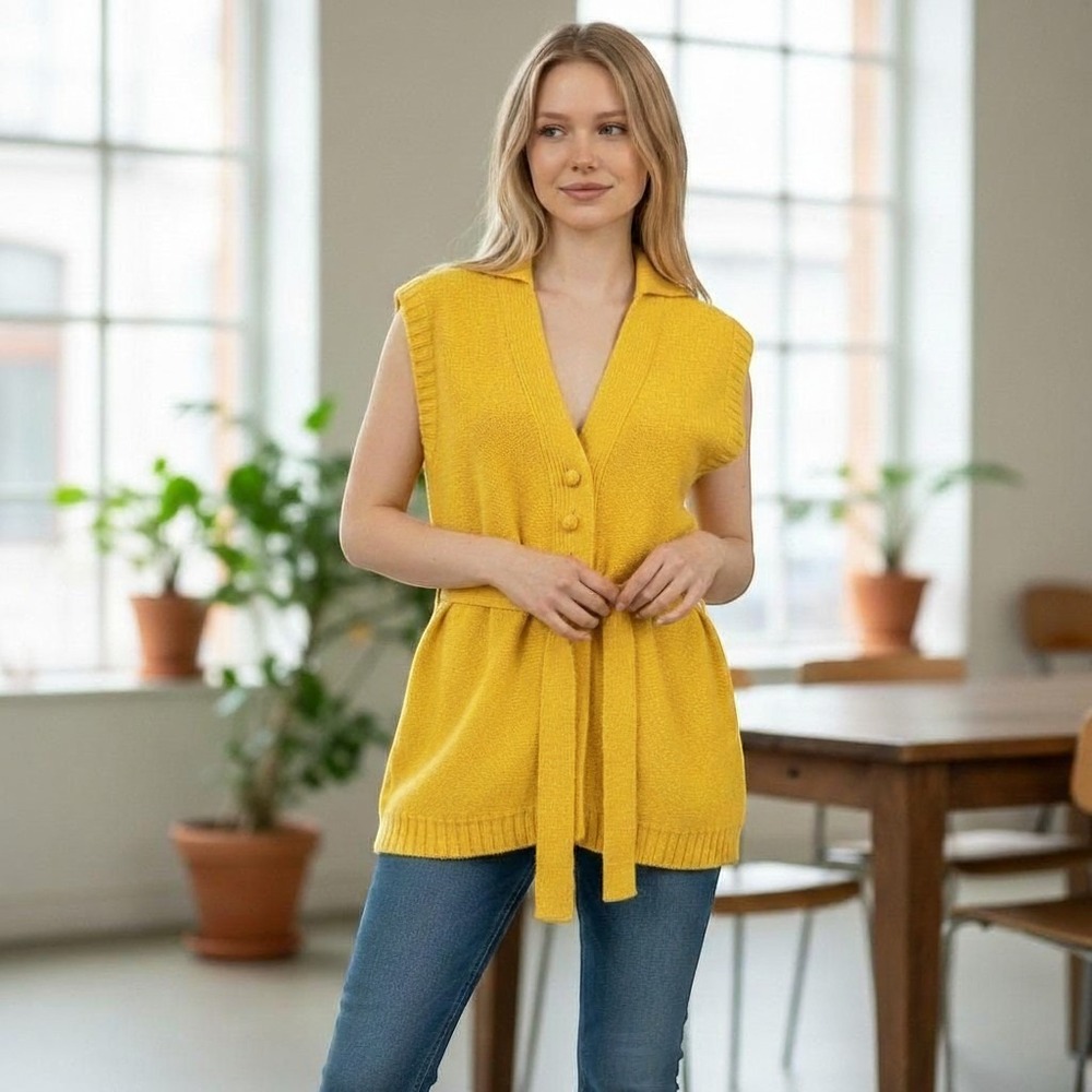 Hipster Vtg 60s 70s BRIGHT Yellow Carol Brent Acrylic Belted V Neck Button Vest